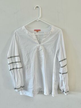 Vilagallo White Peasant Tunic Top with Crystal  Trim / sleeve accent, 46 Large